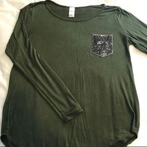 Large Olive Long Sleeve Shirt w Sequin pocketBOGO